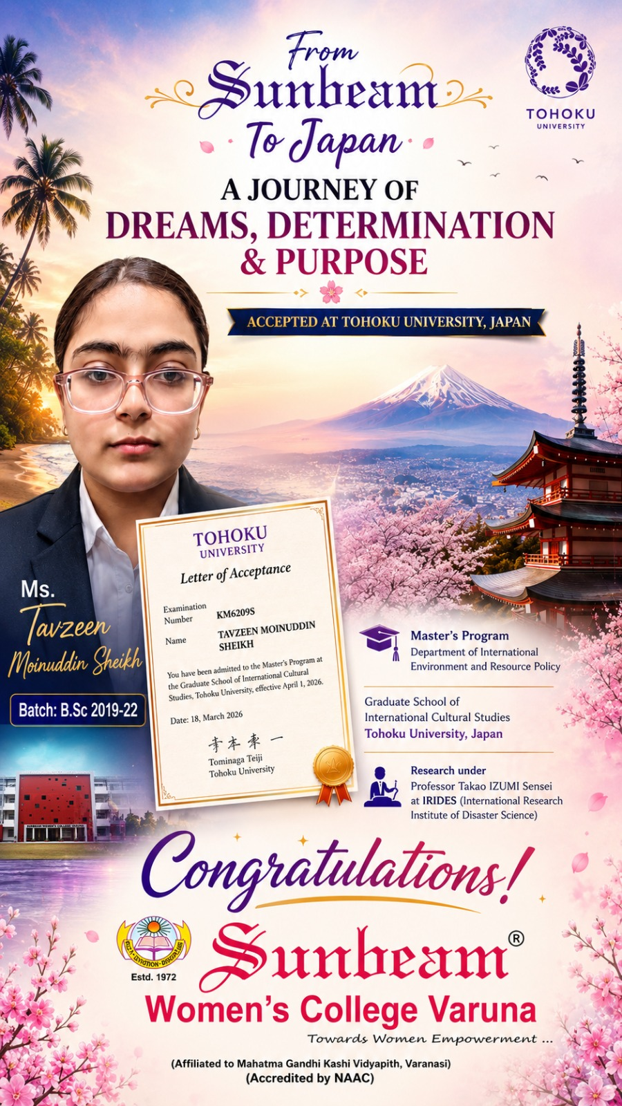 Ms. Tavzeen Moinuddin Sheikh — Master's at Tohoku University, Japan